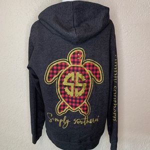 Simply Southern Gray Gold Glitter Red Plaid Turtle Hoodie Women's Size M…